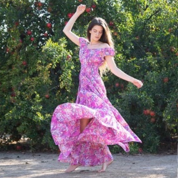 The Fox and the Mermaid Pink Floral Smocked Tiered Cotton Maxi Dress M Boho New - Picture 2 of 10